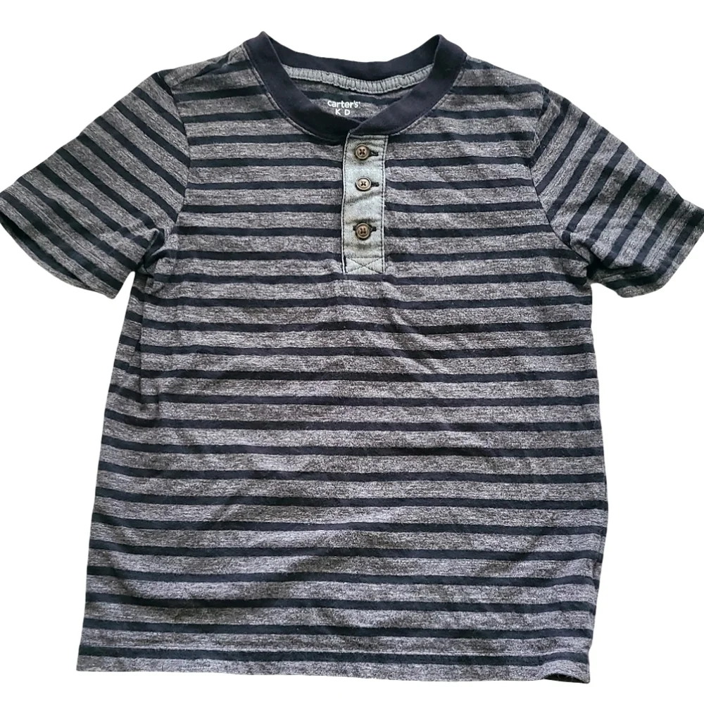 Carter's Boys 7 Black And Gray Striped Kids Shirt Buttons Back To School Preppy